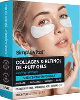 SimplyVital Under Eye Patches applied to puffy eyes with cooling hydration.
