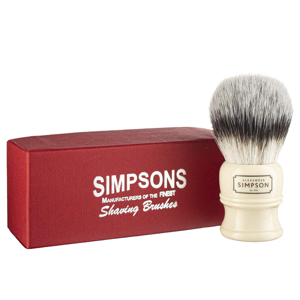 Simpson Trafalgar 3 shaving brush with ivory handle delivers dense synthetic fibre for rich lather.