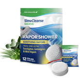 SinuCleanse vapor shower tablet with eucalyptus releases refreshing steam for spa-like aromatherapy.