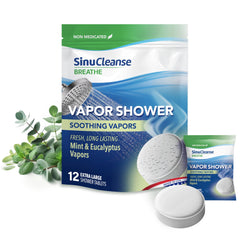 SinuCleanse vapor shower tablet mint eucalyptus pack for refreshing aromatherapy.