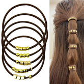 SISYOUP brown elastic ponytail hair tie with gold beads for secure, comfortable wear.