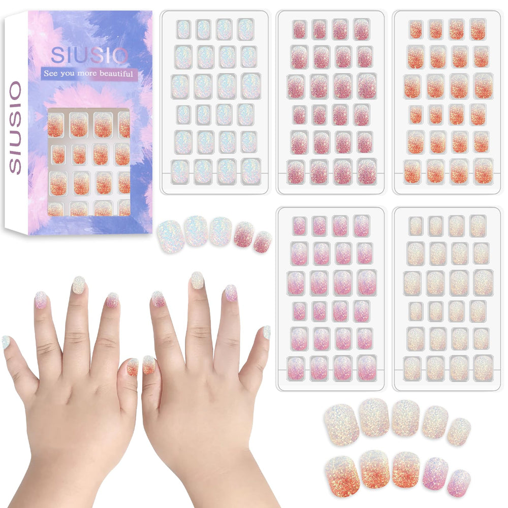 SIUSIO 120-piece press-on nails for kids in a colorful kit box for easy selection.