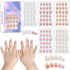 SIUSIO 120-piece press-on nails for kids in a colorful kit box for easy selection.
