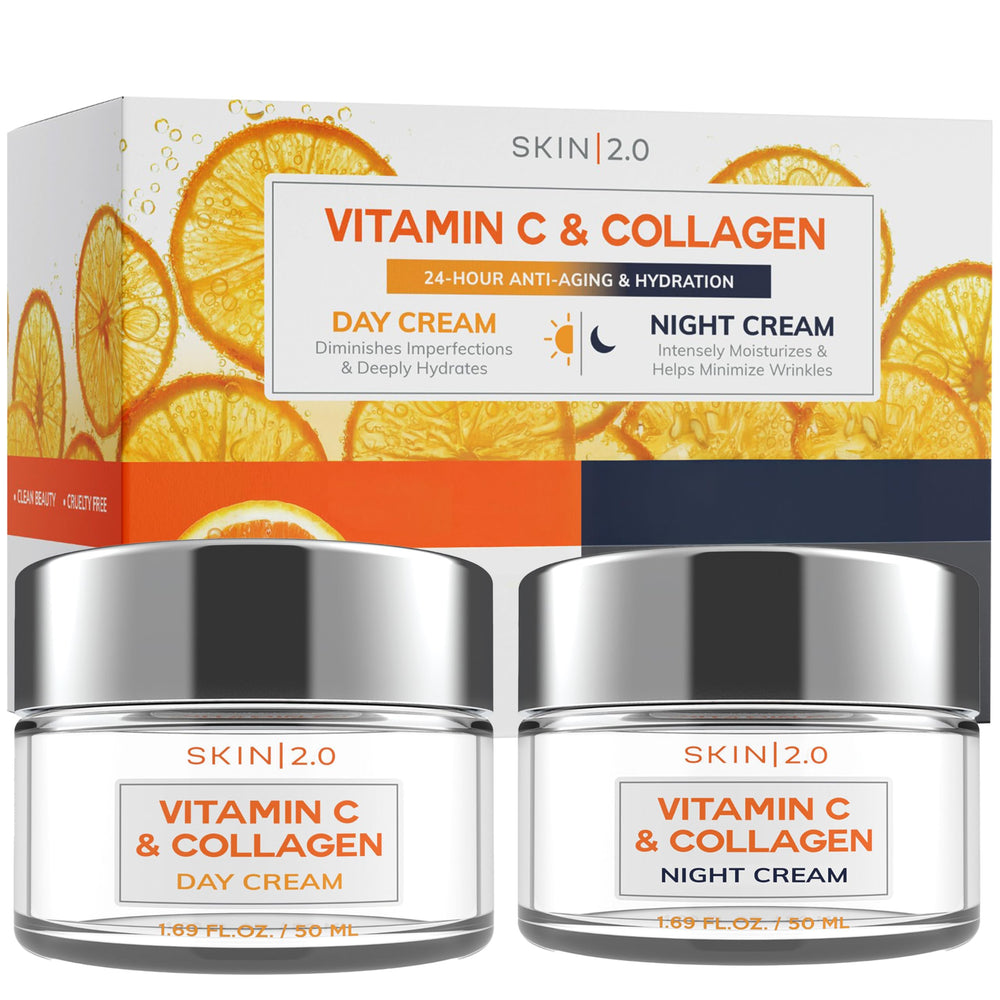 Skin 2.0 vitamin c day cream bottle delivers daytime hydration for dewy skin.