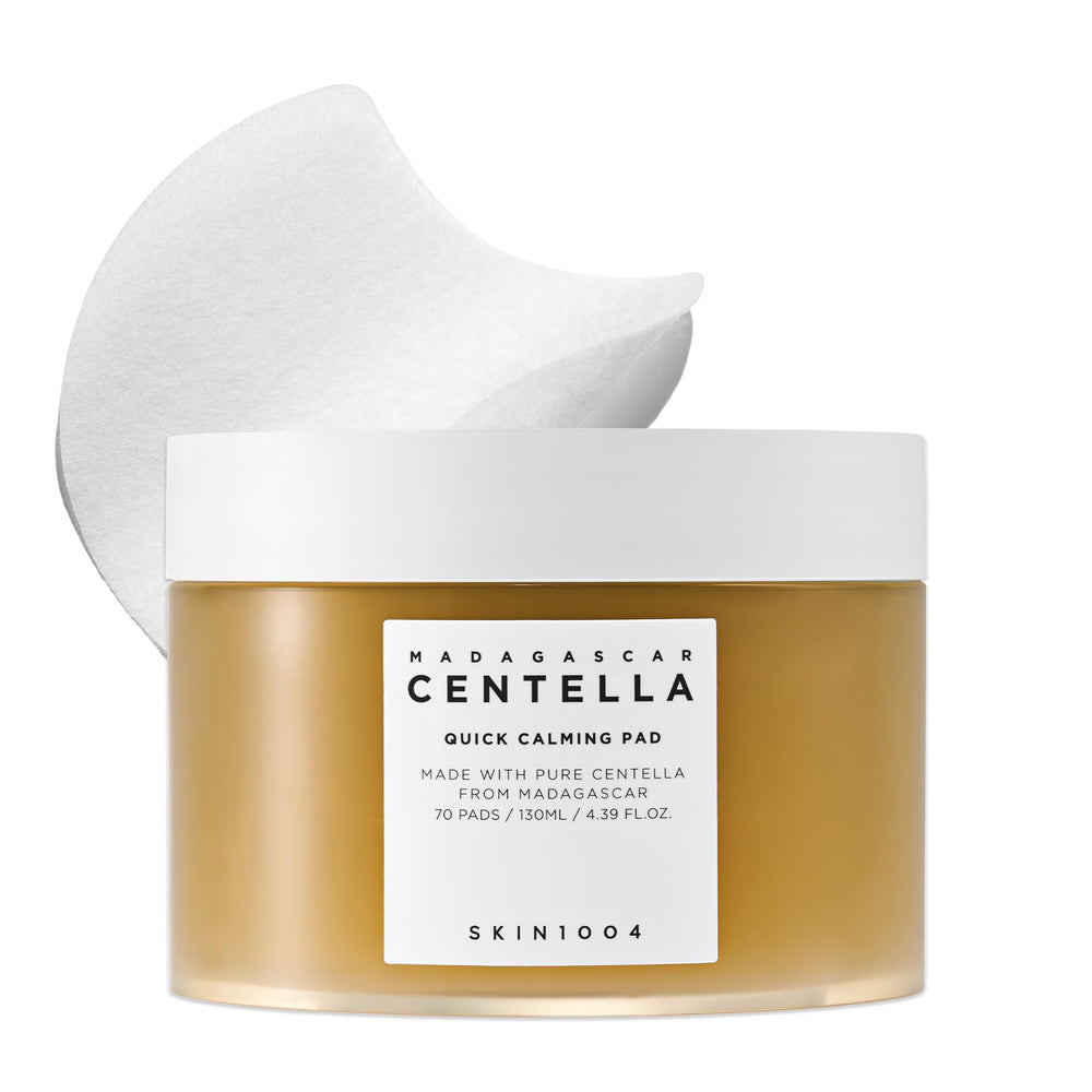 SKIN1004 Centella Quick Calming Pad pack on countertop, offering gentle exfoliation and hydrating care.