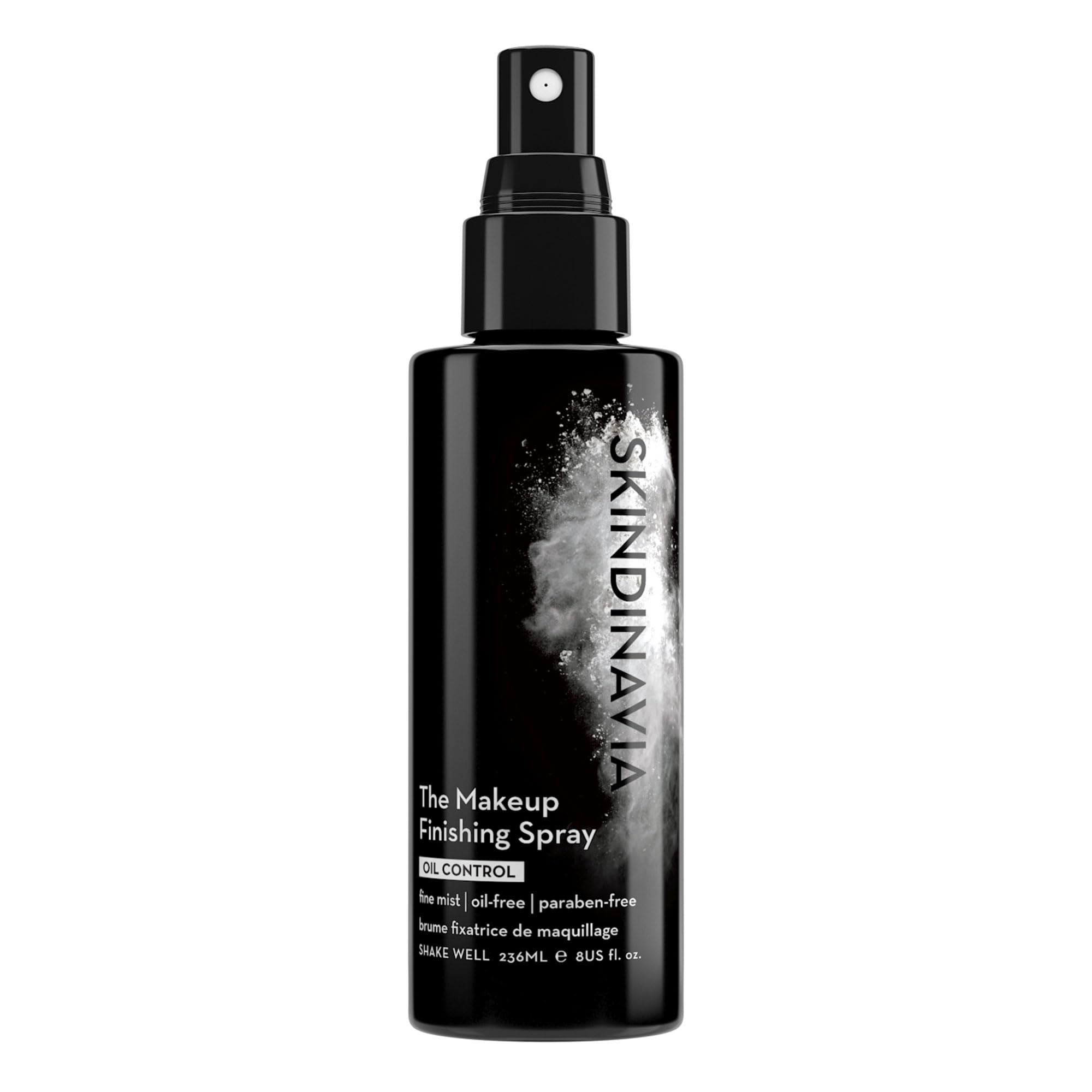 Skindinavia makeup finishing spray bottle delivers oil-control for all-day wear.