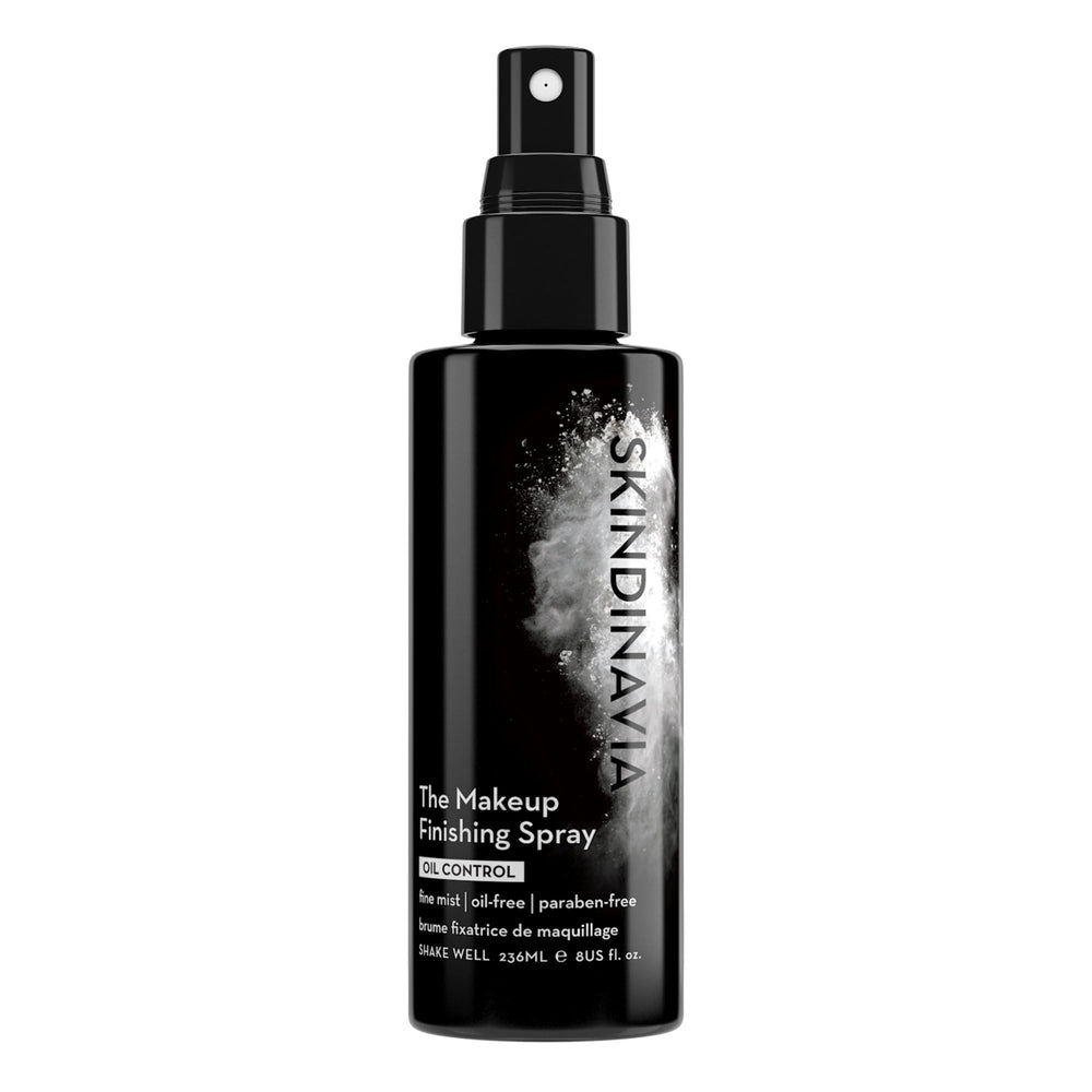 Skindinavia makeup finishing spray bottle delivers oil-control for all-day wear.