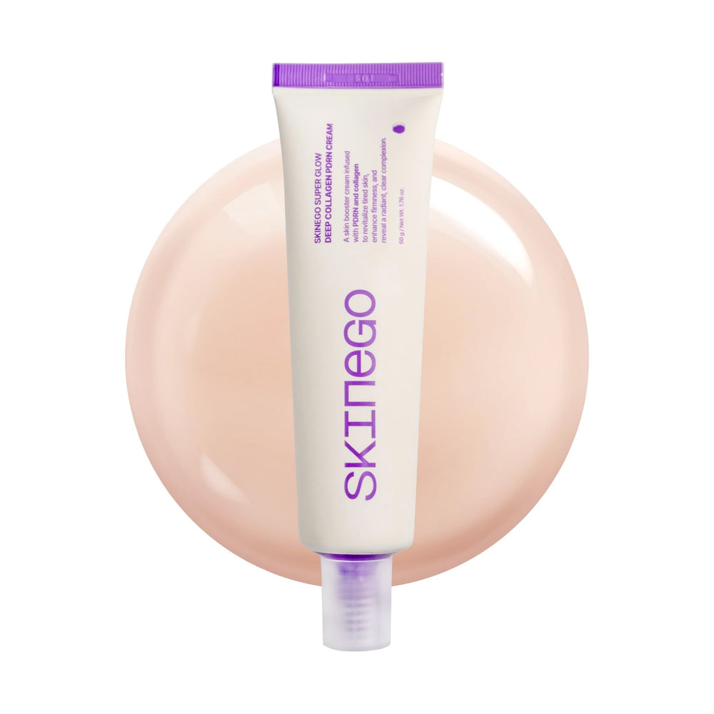 SKINEGO Super Glow Deep Collagen PDRN Cream bottle shows premium hydration for radiant skin