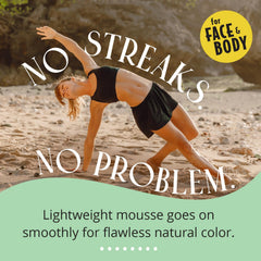 Skinerals Self Tanner Mousse foam dispense highlights quick-drying texture.