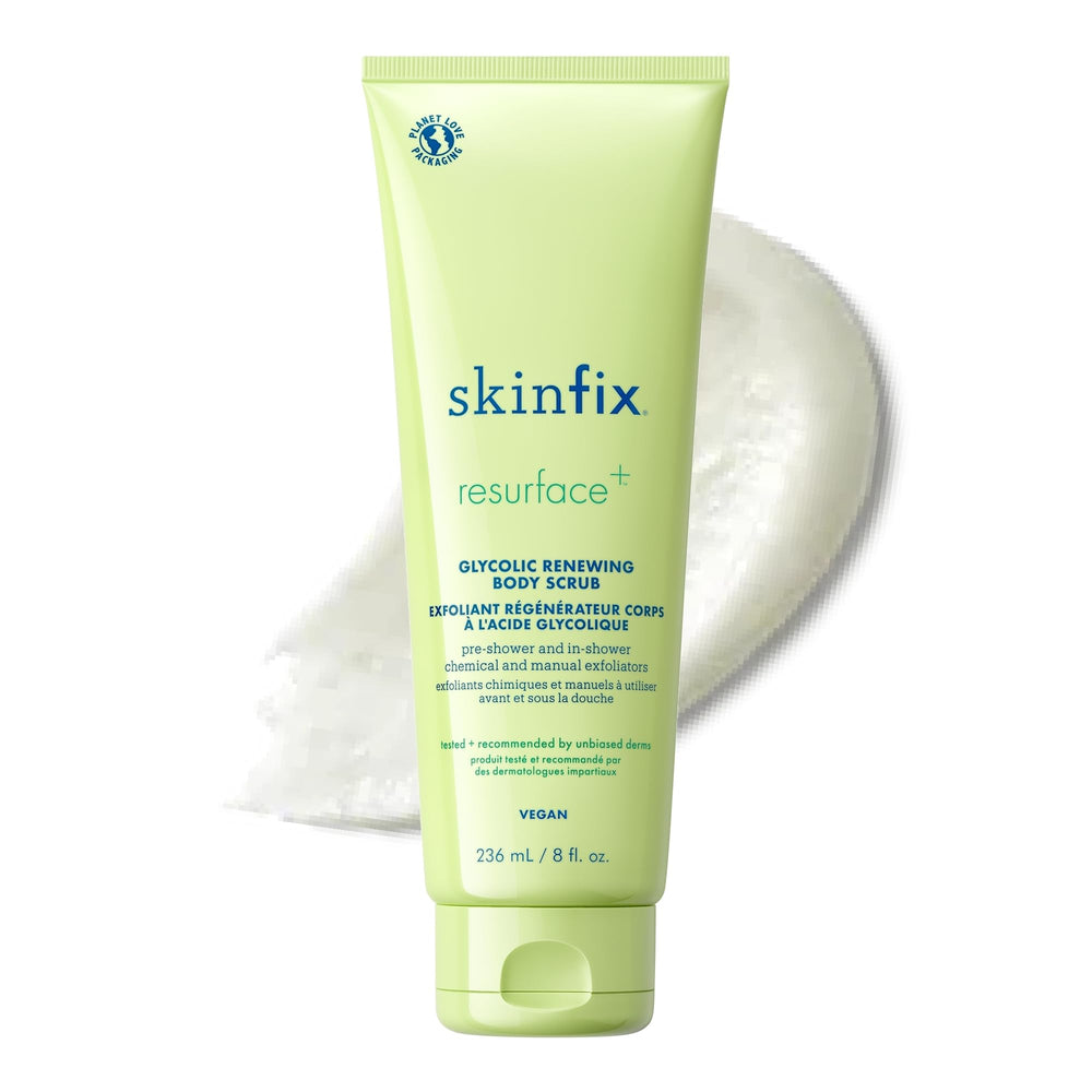 Skinfix Glycolic Renewing Scrub tube on shelf demonstrates dual-action exfoliation for smoother skin