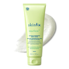 Skinfix Glycolic Renewing Scrub tube on shelf demonstrates dual-action exfoliation for smoother skin
