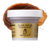 Skinfood 1957 Black Sugar Mask jar close-up showing exfoliating texture for smoother skin.