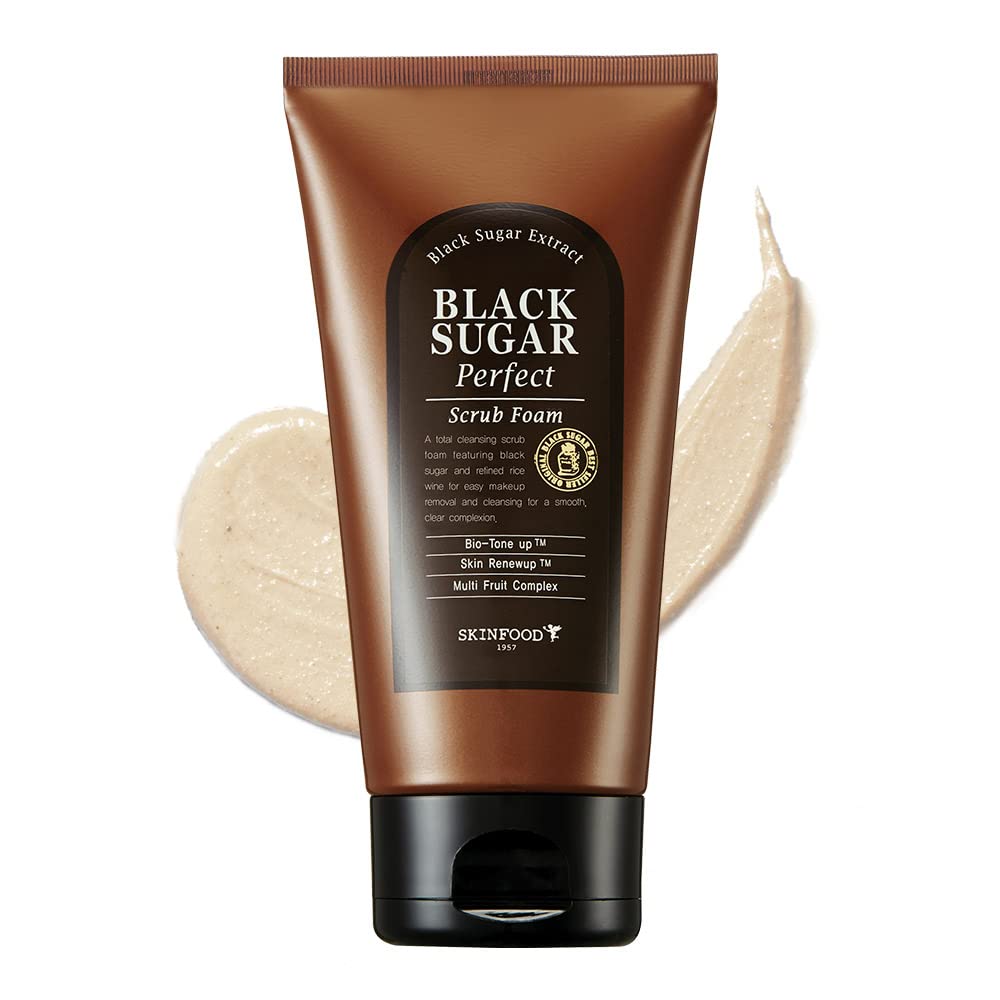 SKINFOOD 1957 Black Sugar Scrub Foam bottle delivers a luxurious cleanse for refined pores.