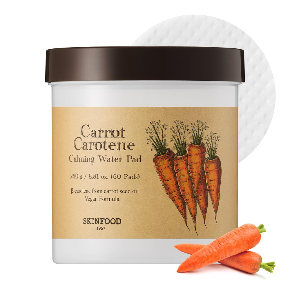 SKINFOOD 1957 carrot carotene calming water pads pack—hydrating vegan cotton pads for sensitive skin.