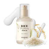 SKINFOOD 1957 Rice Serum bottle-glass-skin closeup shows radiant glow and pore refinement