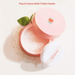SKINFOOD Peach Cotton powder swatch demonstrates translucent finish with natural peach scent.