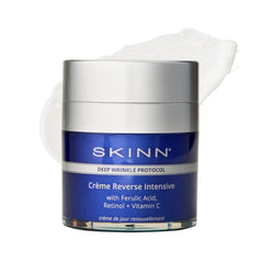 SKINN Crème Reverse jar closeup showing rich texture for plump, radiant skin