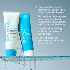 SKINN Morning routine image shows exfoliating acids refreshing pores and smooth skin.