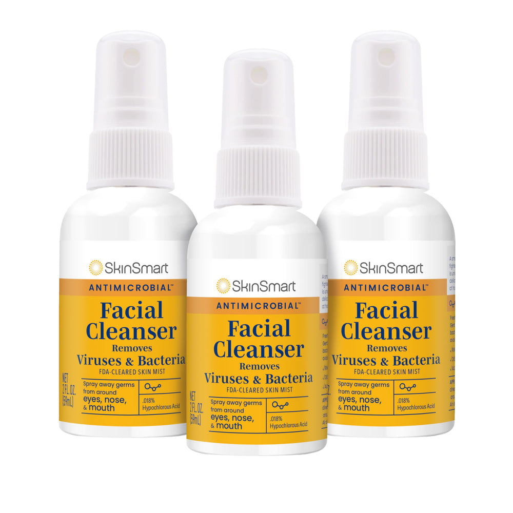 SkinSmart antimicrobial facial cleanser spray 3-pack flatlay for on-the-go germ refresh