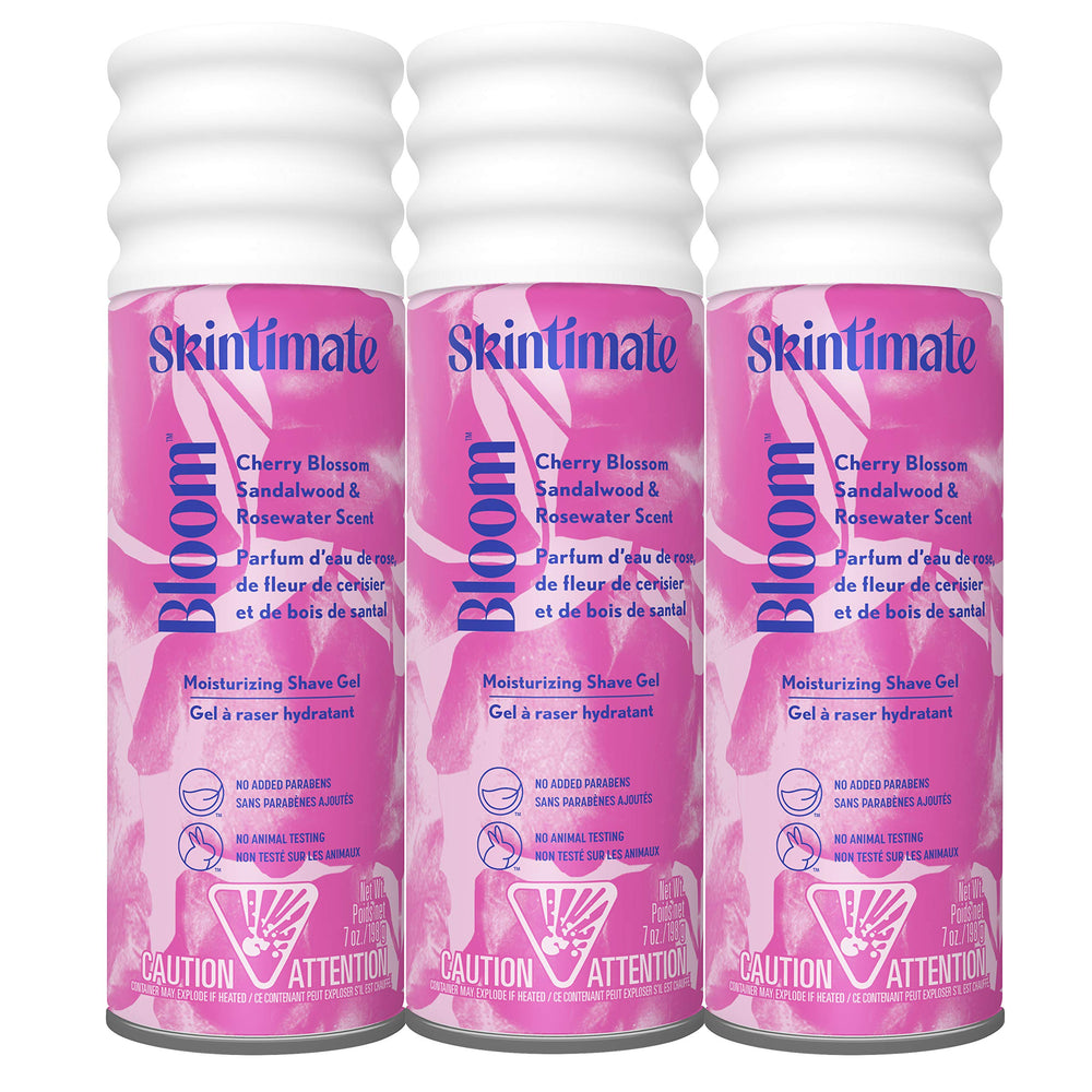 Skintimate Bloom shave gel bottle with uplifting floral blend for soothing daily shaving