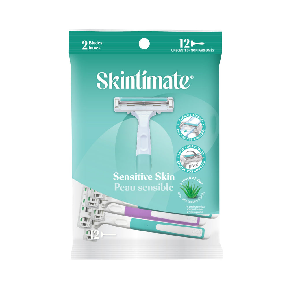 Skintimate twin blade disposable razor 12ct pack shot for an easy, comfortable shave.