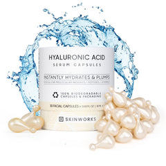 SKINWORKS Hyaluronic Acid Serum bottle close-up highlighting unscented hydration.