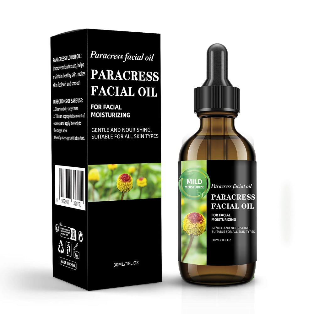SKSOYT paracress facial oil bottle boosts hydration for radiant skin.