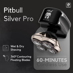 Skull Shaver Pitbull Silver PRO rotary heads close-up for multi-directional shaving.