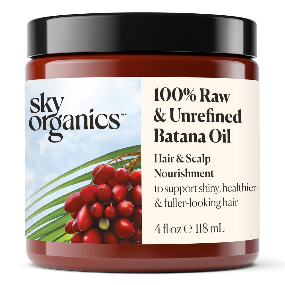 Sky Organics Batana Oil bottle pour supports scalp nourishment and healthier hair.