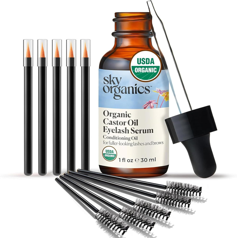 Sky Organics Castor Oil Eyelash & Brow Serum bottle for nightly lash nourishment.