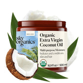 Sky Organics coconut oil bottle close-up for skin hydration