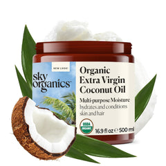 Sky Organics coconut oil bottle close-up for skin hydration