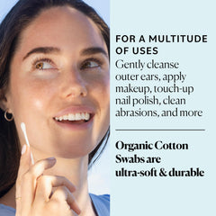 Sky Organics organic cotton fiber swabs highlight natural, hypoallergenic material.