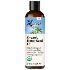 Sky Organics hemp seed oil face bottle demonstrates lightweight hydration for all skin types.