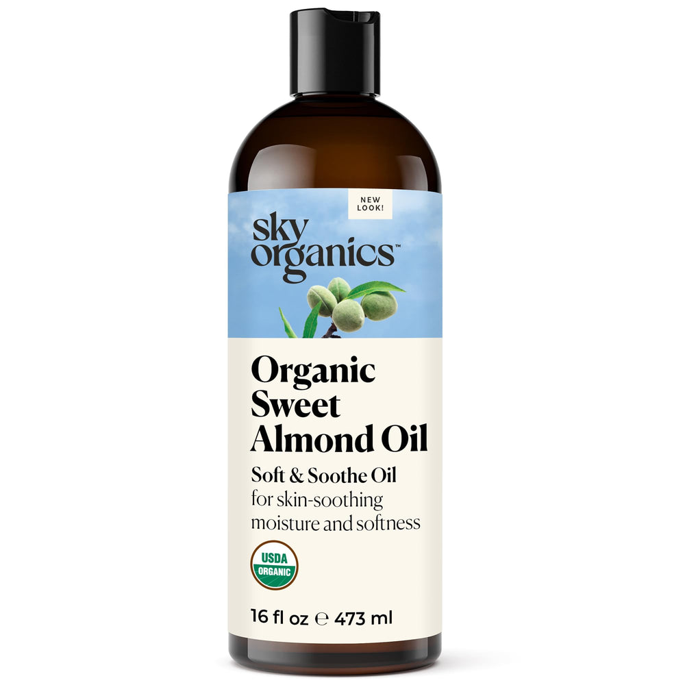 Sky Organics Organic Sweet Almond Oil bottle shows pure, lightweight hydration.