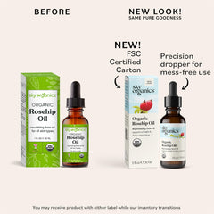 Sky Organics Rosehip Oil drops in hand show light, fast-absorbing skincare
