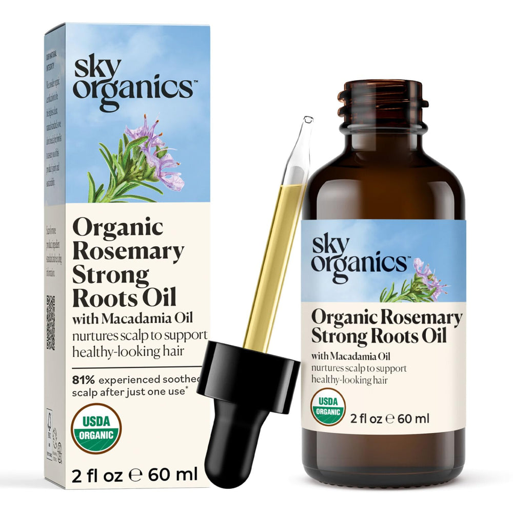 Sky Organics rosemary oil bottle promotes strong roots and scalp health