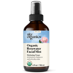 Sky Organics Rosewater Facial Mist bottle, hydrating facial spray for daily refreshment.