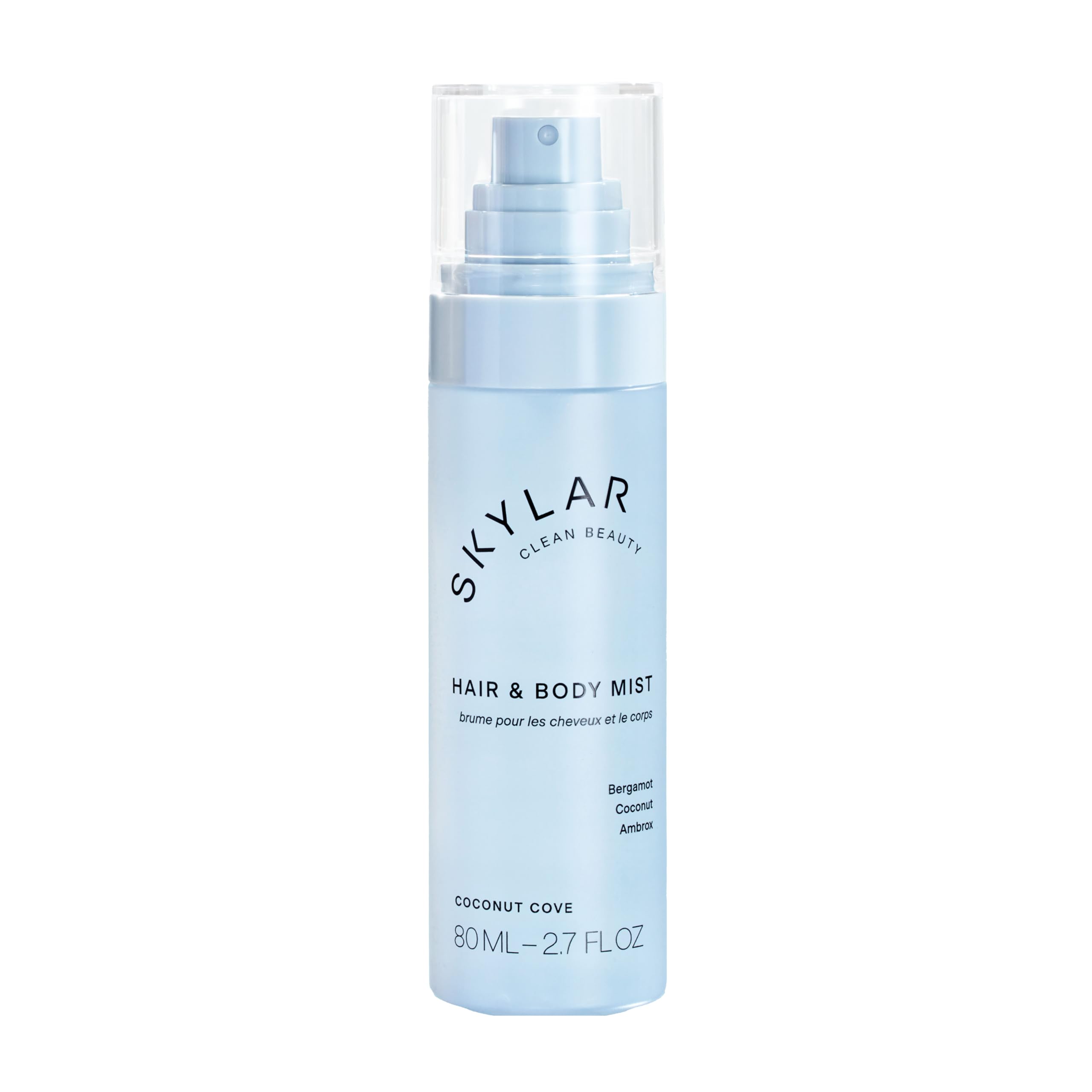 Skylar Coconut Cove Mist bottle closeup highlights premium packaging and clean-fragrance promise.