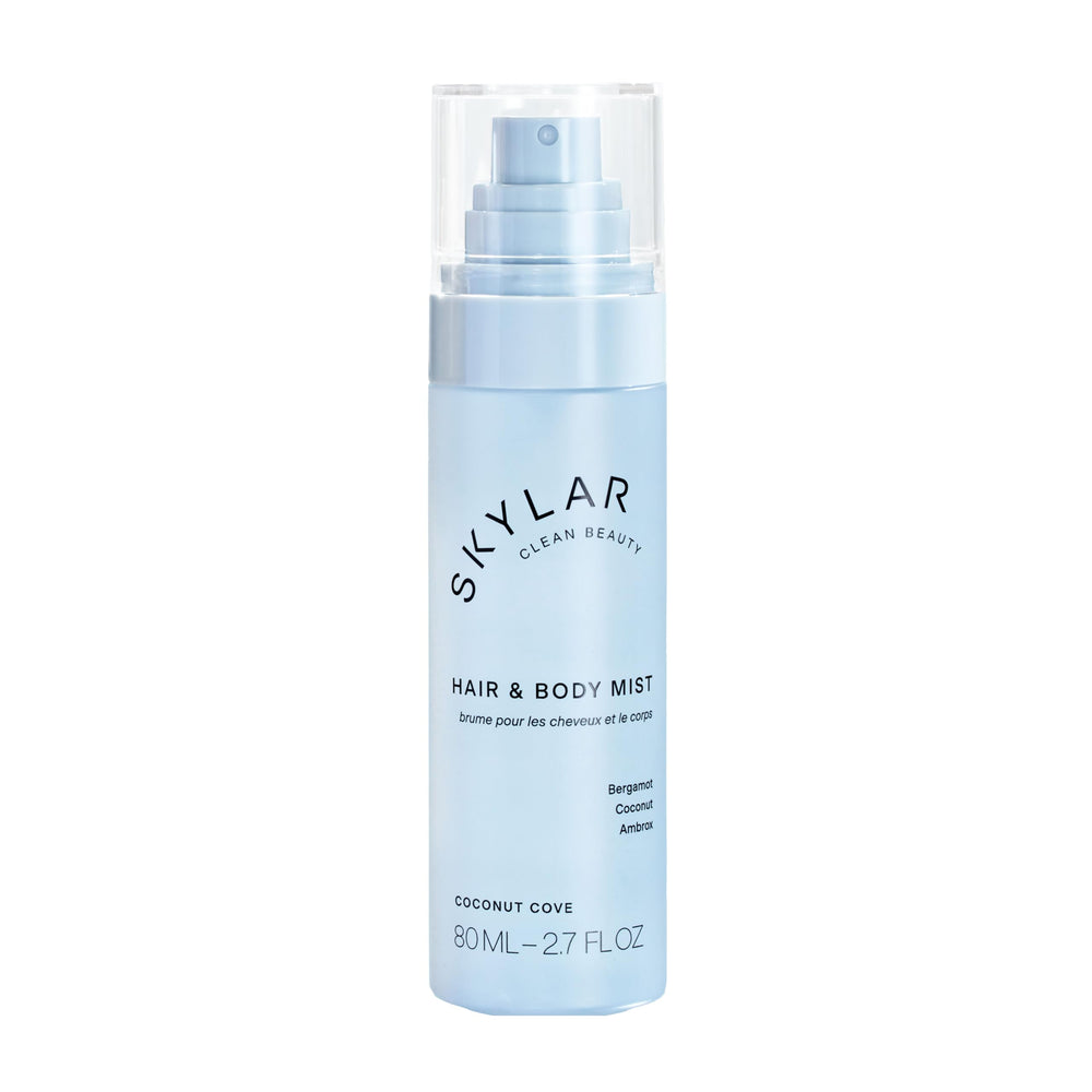 Skylar Coconut Cove Mist bottle closeup highlights premium packaging and clean-fragrance promise.
