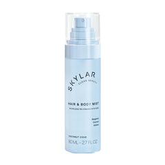 Skylar Coconut Cove Mist bottle closeup highlights premium packaging and clean-fragrance promise.
