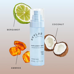 Skylar Coconut Cove Mist on skin demonstrates a lightweight, refreshing scent.