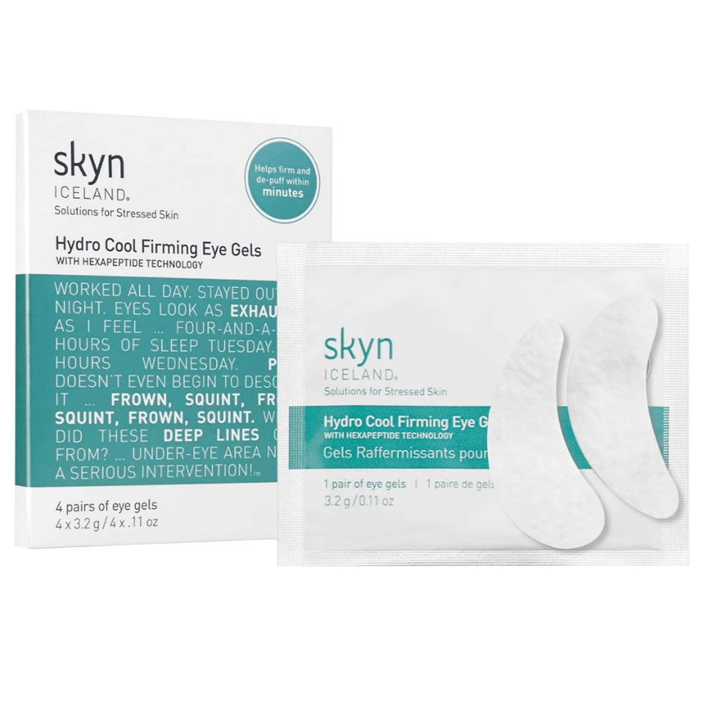 Skyn ICELAND Hydro Cool Under Eye Patches packaging highlights instant cooling benefit.