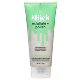 Sliick Exfoliate and Polish bottle demonstrates smooth-skin prep