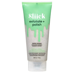 Sliick Exfoliate and Polish bottle demonstrates smooth-skin prep