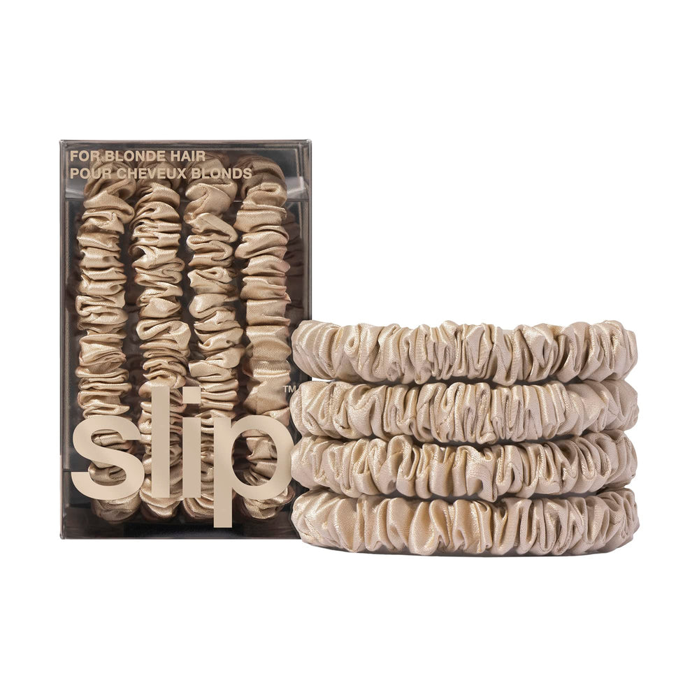 SLIP Blonde silk skinny scrunchies packaging view ideal for gifting