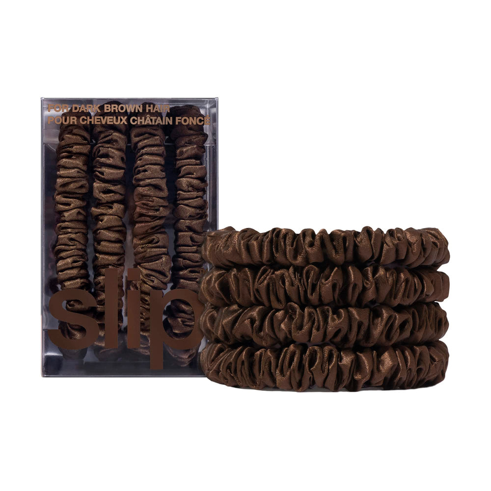 SLIP Silk Skinny Scrunchies Dark Brown set of 4 reduces friction and creases.