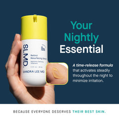 SLMD Resurfacing Retinol Serum label detail highlights vitamin C and HA for hydration