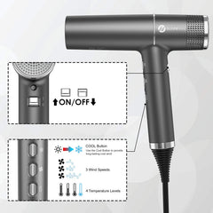Slopehill hair dryer delivers up to 58mps airflow for quick drying.