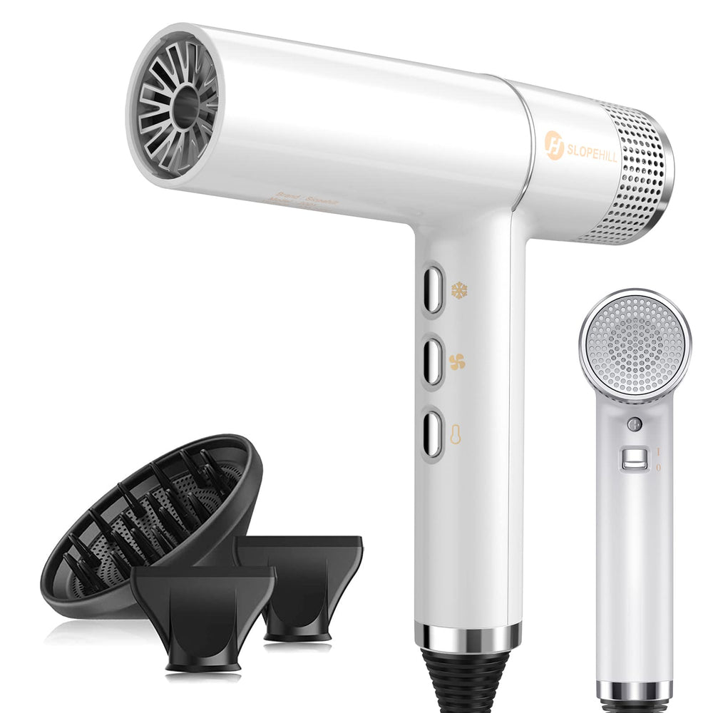 Slopehill hair dryer with brushless motor for fast, gentle drying.
